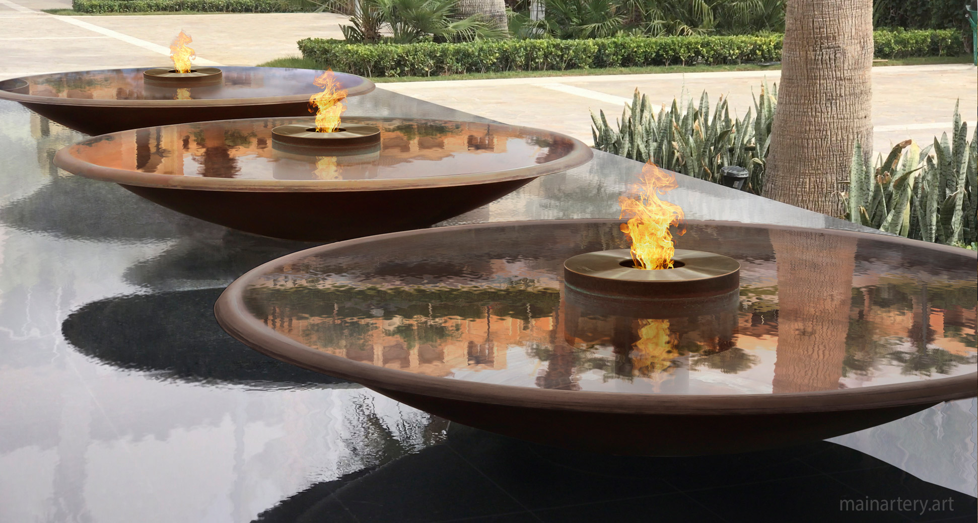 large bronze fire water feature sculpture image