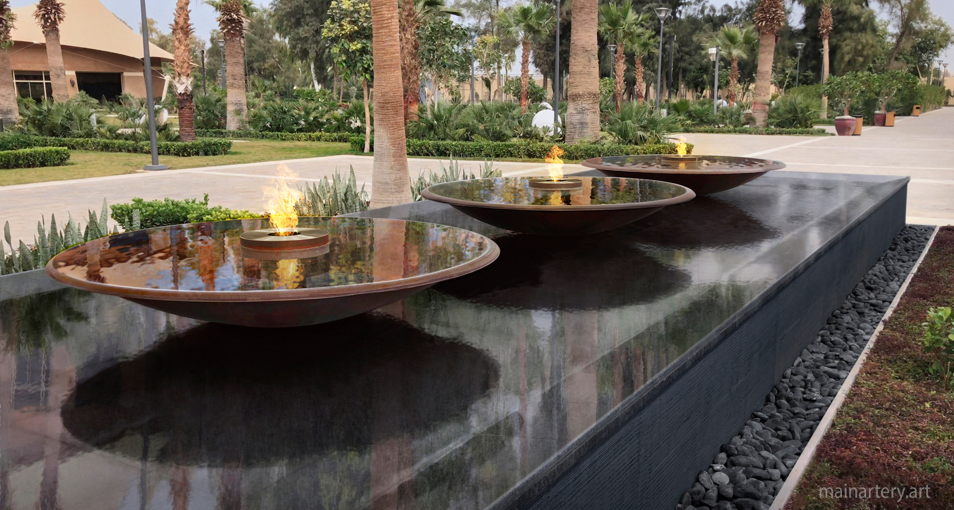 large copper water feature fire bowl garden sculptures sheikh royal palace image