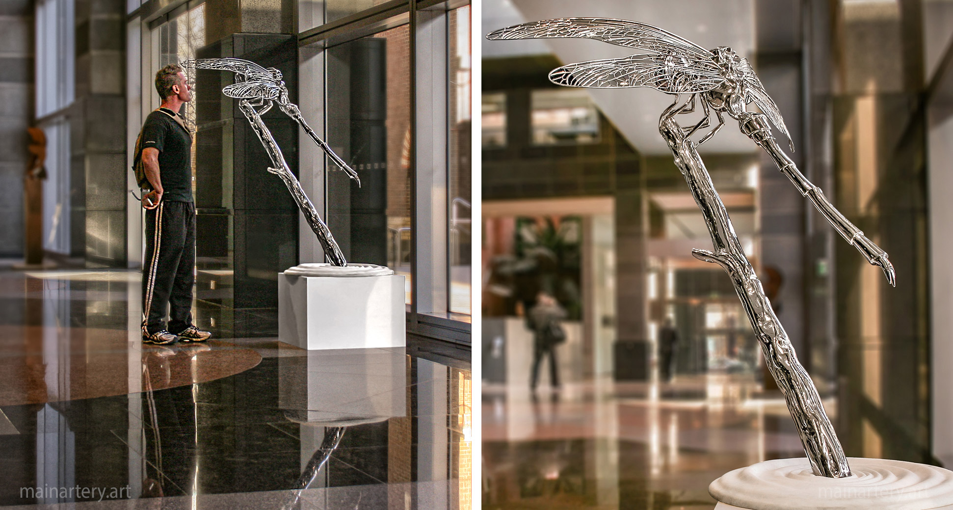 polished stainless dragonfly foyer art image